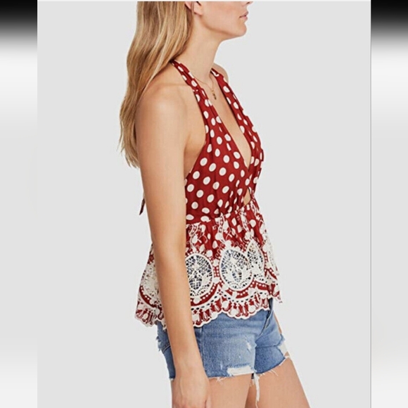 Free People Lunch Date Rust Polka Dot Adjustable Boho Halter Top, Babydoll M EUC - Picture 3 of 15